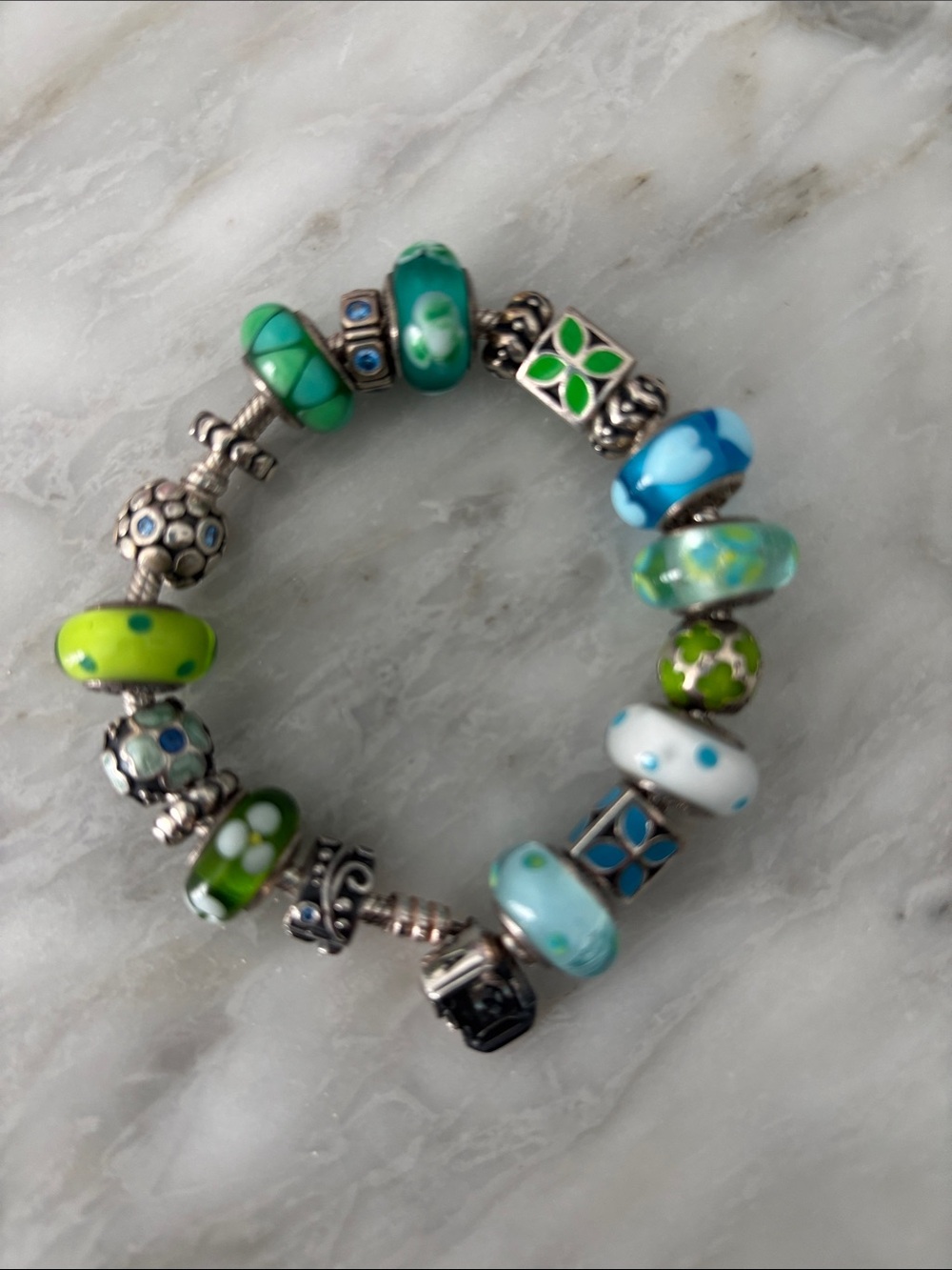 Pandora Green and Blue Glass Bead Charm Bracelet